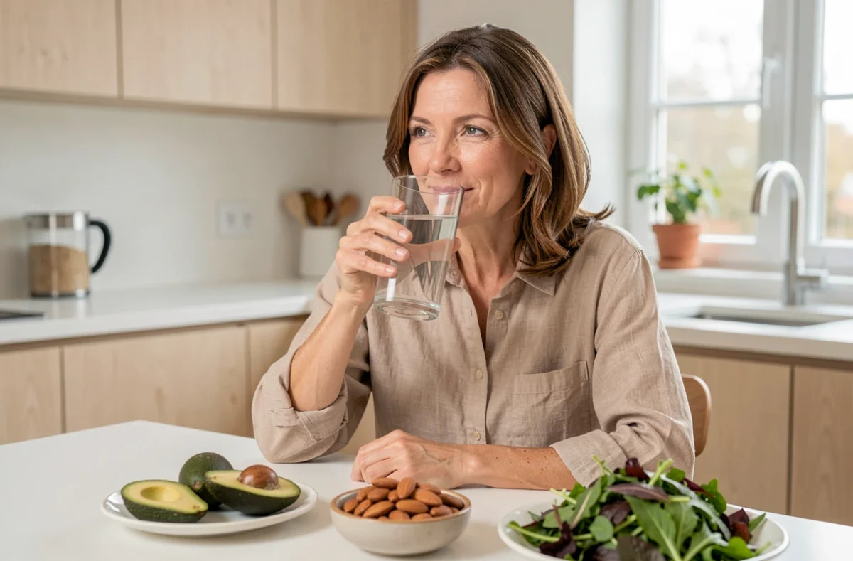 Femme d'âge moyen buvant de l'eau bicarbonatée entourée d'aliments bénéfiques pour les reins dans une cuisine moderne