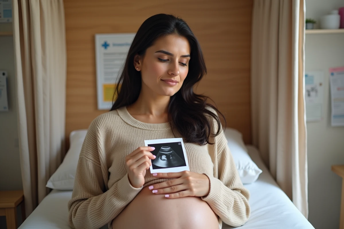 Femme tenant une échographie de sac gestationnel à 5 semaines en début de grossesse
