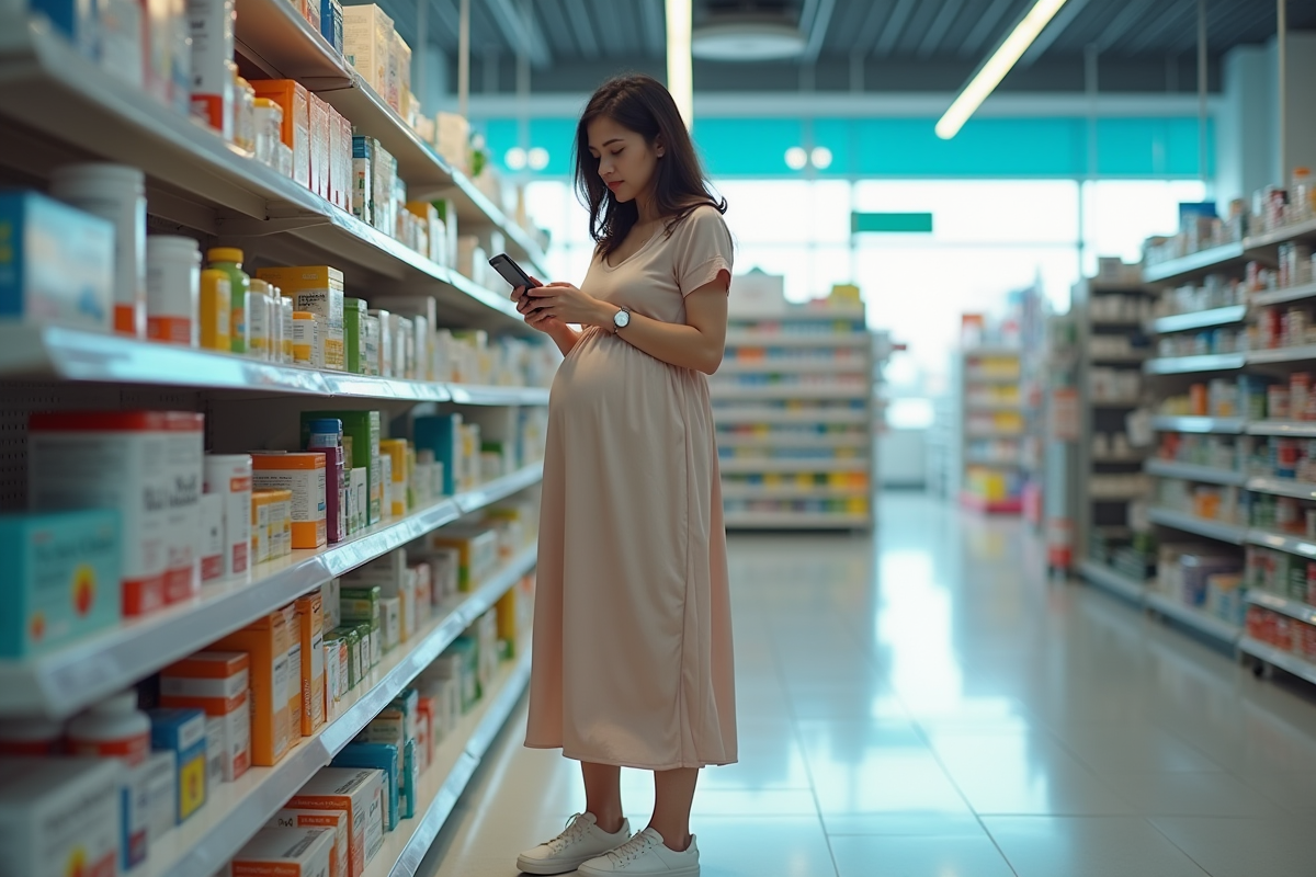 Jeune femme enceinte vérifiant un médicament en pharmacie