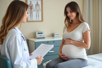 Femme enceinte consultant une médecin au sujet d'une douleur dans l'aine en cabinet médical