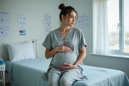 Femme enceinte assise sur une table d'examen en salle de consultation obstétricale, mains posées sur le ventre, expression sereine et réfléchie