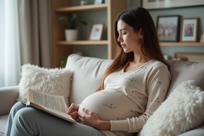 Femme enceinte assise sur un canapé à la maison