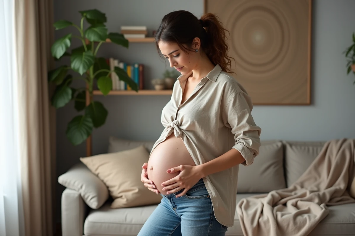 Femme enceinte debout à la maison touchant son aine avec une expression préoccupée