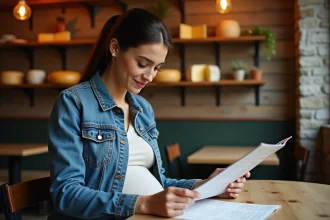Femme enceinte lisant un menu dans un restaurant chaleureux