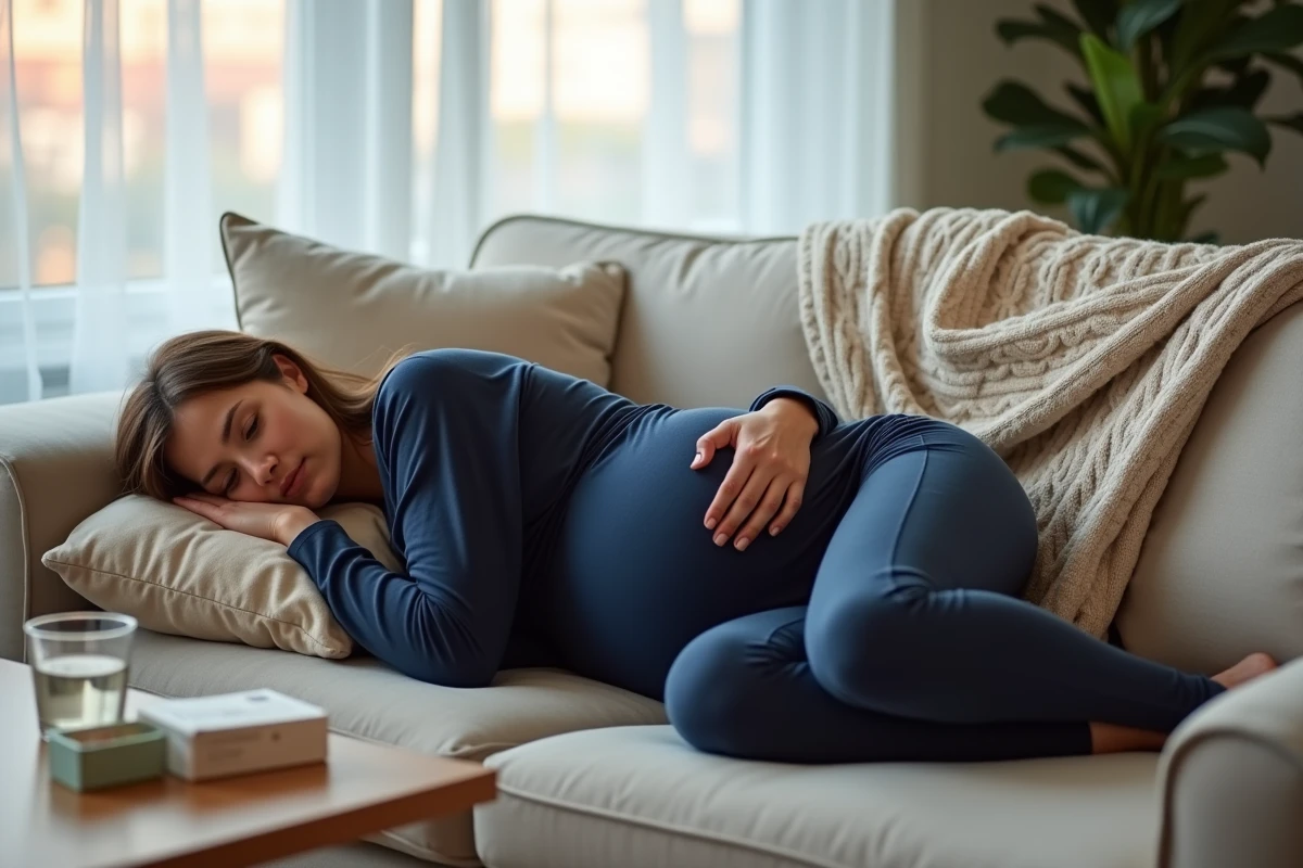 Femme enceinte allongée sur un canapé à la maison en position de repos, main sur le ventre, médicaments et verre d'eau visibles sur la table basse