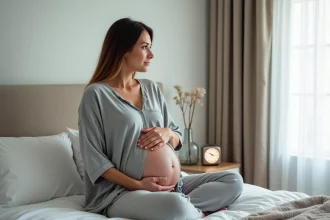Femme enceinte assise sur le lit dans une chambre douce