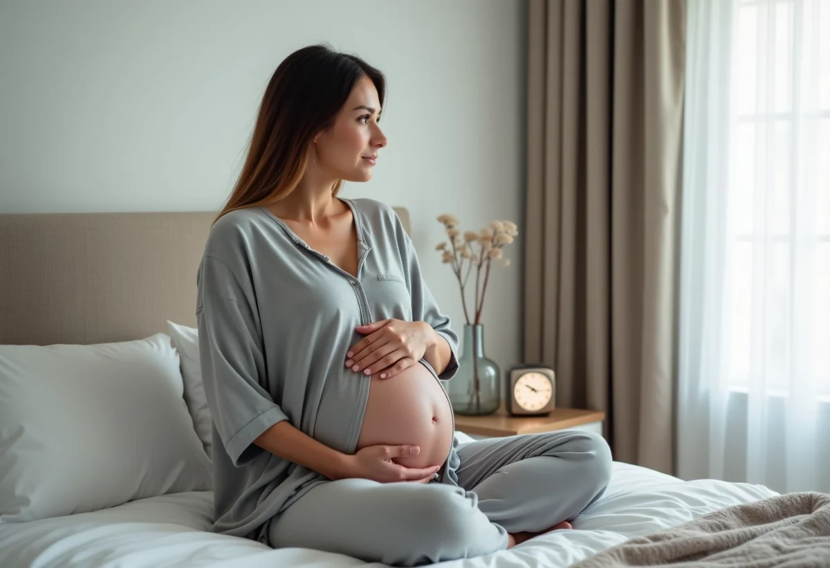Femme enceinte assise sur le lit dans une chambre douce