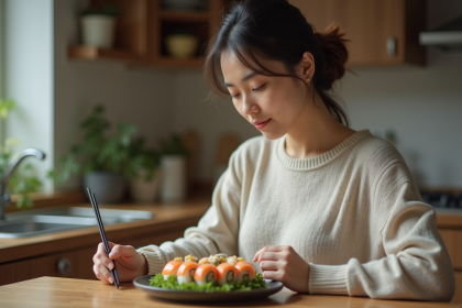 Femme enceinte dégustant du sushi dans sa cuisine lumineuse