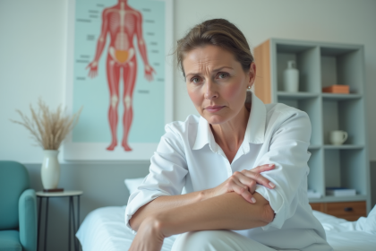 Femme examinant sa peau lors d'une consultation médicale