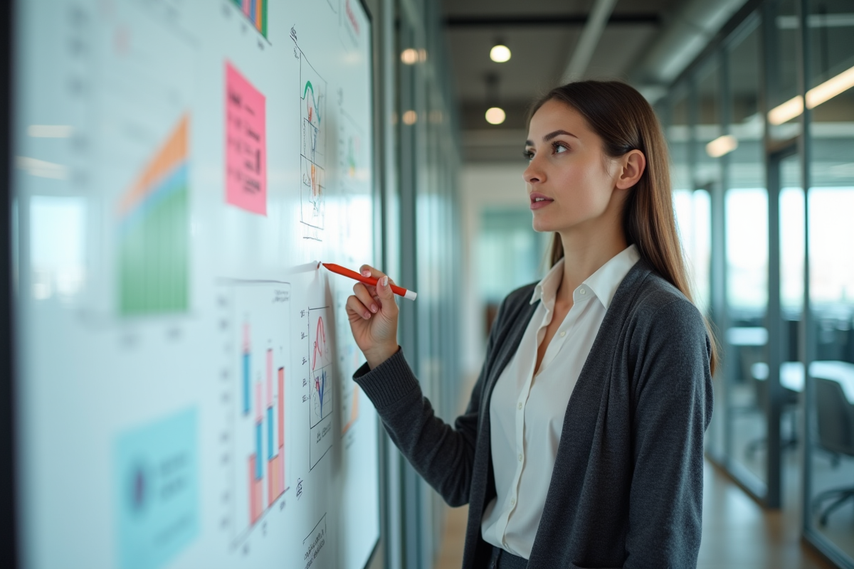 Femme en réunion expliquant des diagrammes au tableau