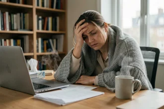Femme fatiguée en télétravail enveloppée dans une couverture, symbolisant l'arrêt maladie grippe et son impact sur le travail