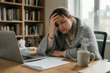 Femme fatiguée en télétravail enveloppée dans une couverture, symbolisant l'arrêt maladie grippe et son impact sur le travail
