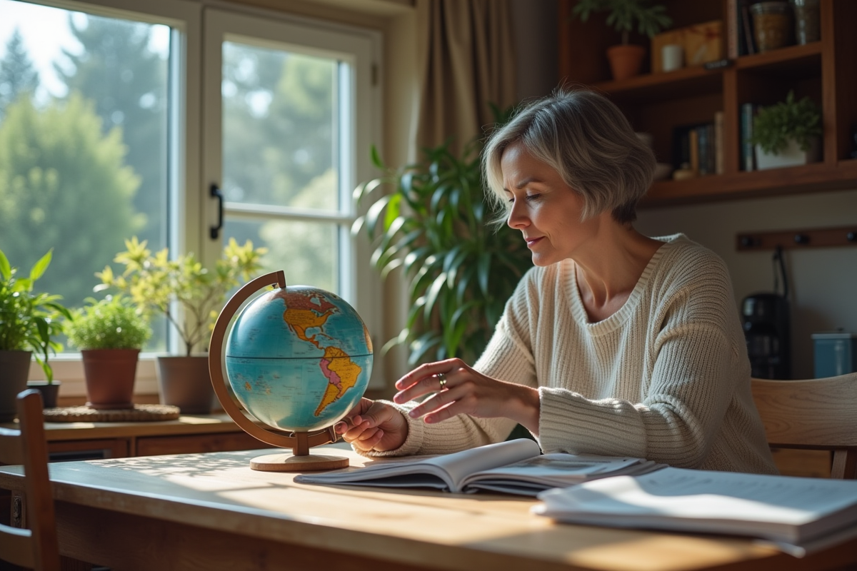 Femme regardant un globe dans une cuisine lumineuse