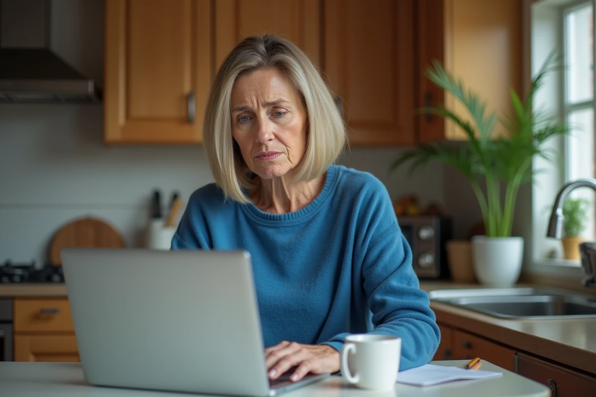 Femme inquiète cherchant des infos médicales sur son ordinateur