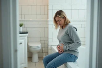 Femme inquiète dans la salle de bain moderne