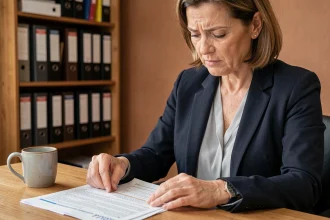 Femme lisant attentivement un contrat d'assurance ECA avec les petites lignes à son bureau à domicile