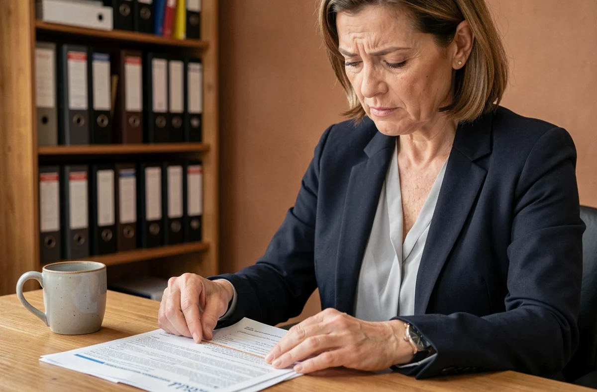 Femme lisant attentivement un contrat d'assurance ECA avec les petites lignes à son bureau à domicile