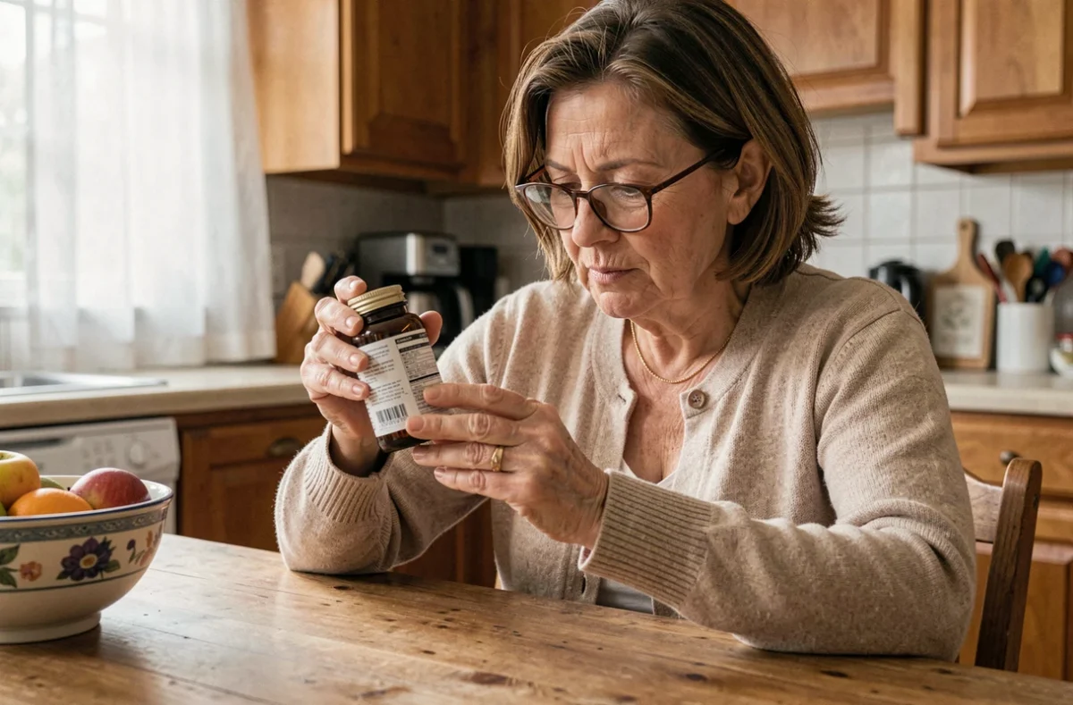 Femme d'âge mûr lisant attentivement l'étiquette d'un complément alimentaire Puissance 1000 à sa table de cuisine