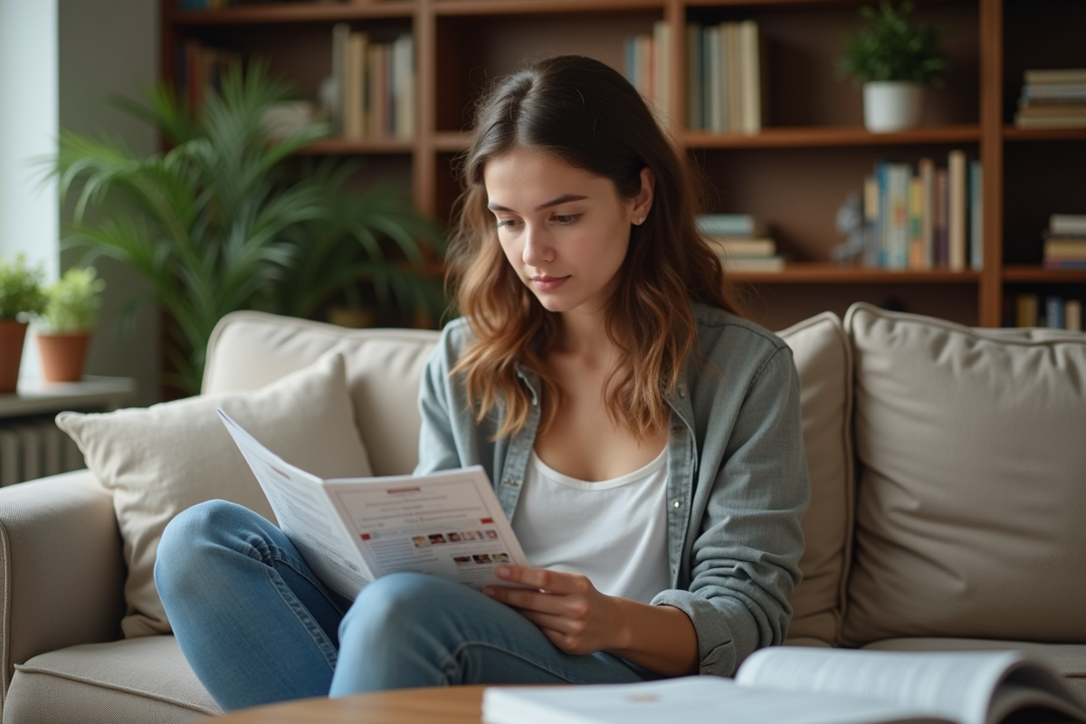 Jeune femme lisant une brochure sur les maladies infectieuses à la maison