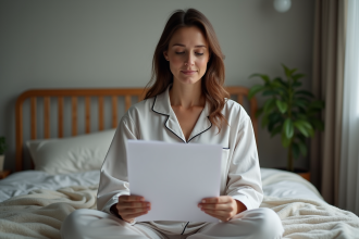 Femme en pyjama lisant un document médical dans sa chambre