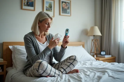 Femme malade assise sur le lit dans une chambre lumineuse