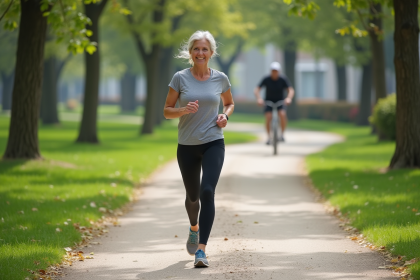 Femme d'âge moyen marche dans un parc urbain verdoyant