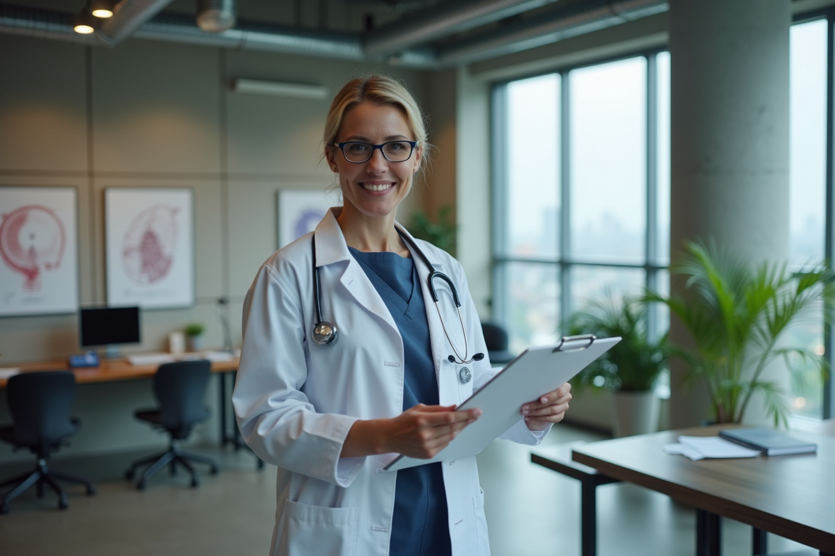 Médecin du travail parlant avec un salarié dans un bureau moderne