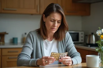 Femme lisant les instructions de deux médicaments ibuprofène et tramadol à la table de cuisine