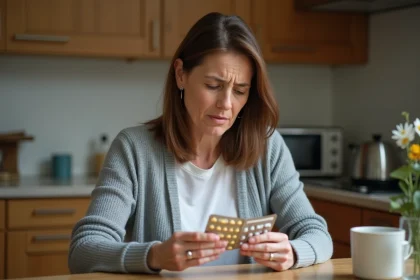 Femme lisant les instructions de deux médicaments ibuprofène et tramadol à la table de cuisine