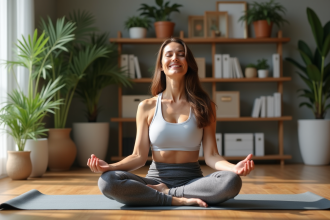 Femme méditant paisiblement dans un salon cosy