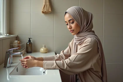 Femme musulmane en ablution dans sa salle de bain