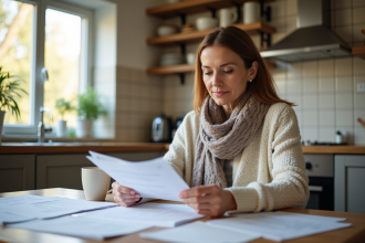 Femme d'âge moyen triant des documents dans une cuisine lumineuse