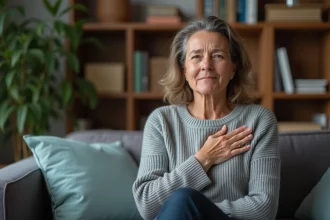 Femme d'âge moyen assise sur un canapé, la main posée sur la poitrine, illustrant la sensation de vibration interne et de palpitations cardiaques