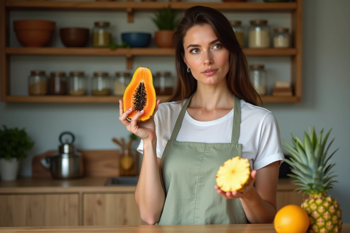Femme tenant une papaye et un ananas dans une cuisine naturelle en bois, illustration de la comparaison des fruits pour la digestion