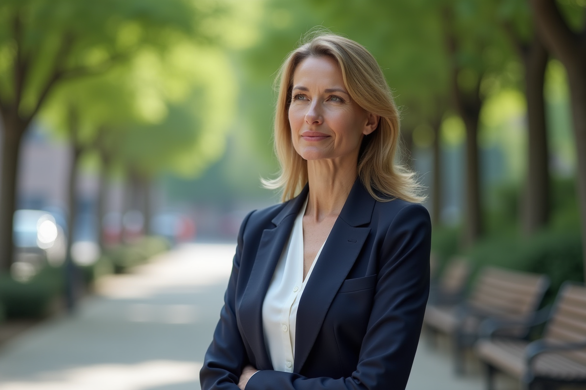 Femme en blazer dans un parc urbain calme