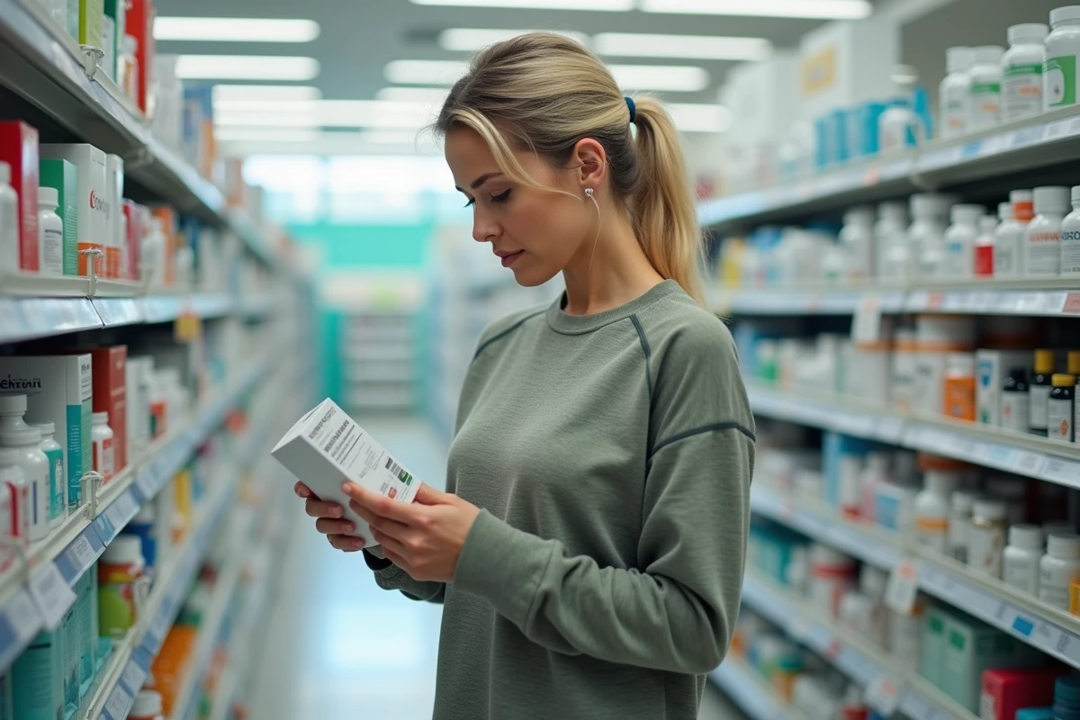 Femme lisant attentivement l'étiquette d'un complément alimentaire en pharmacie pour évaluer le rapport qualité-prix