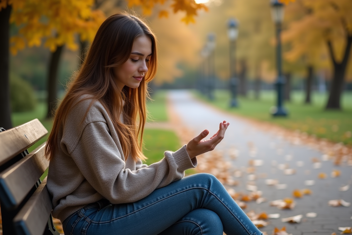 Jeune femme assise sur un banc dans un parc d