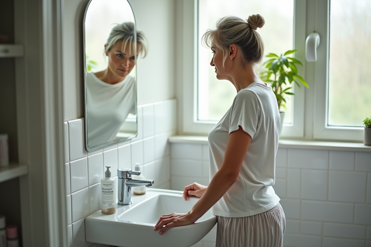 Femme regardant son reflet dans un miroir de salle de bain