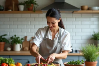 Femme préparant un repas équilibré riche en légumes et céréales complètes pour réduire l'excès de ferritine