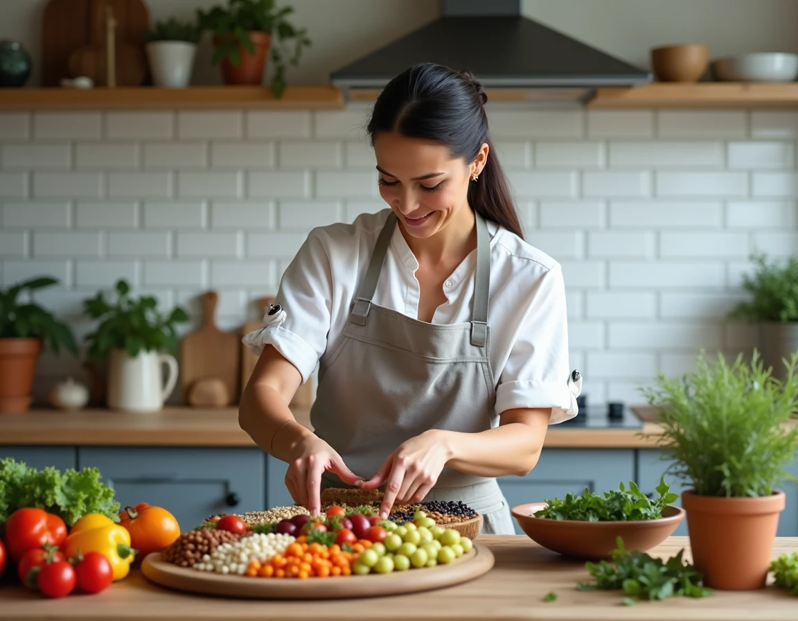 Femme préparant un repas équilibré riche en légumes et céréales complètes pour réduire l'excès de ferritine
