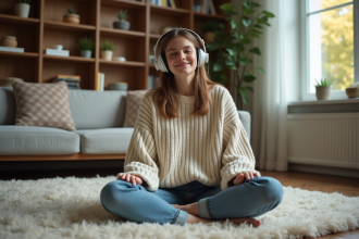 Jeune femme détendue écoutant de la musique avec casque