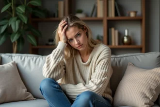 Femme contemplative assise sur un sofa dans un salon cosy