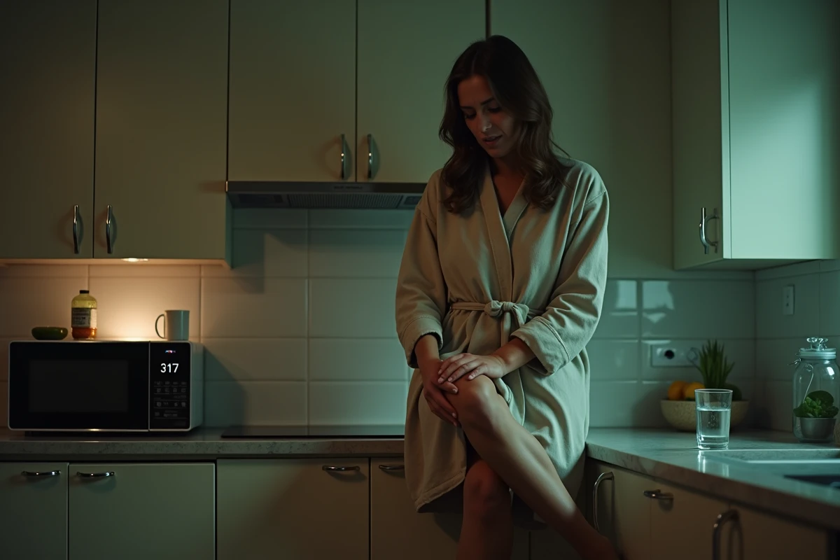 Femme en robe de chambre debout dans sa cuisine à 3h du matin, se massant le tibia, réveillée par des douleurs dans les jambes et une insomnie chronique