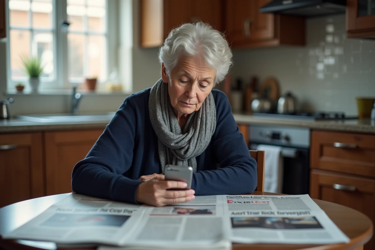 Femme âgée lisant un journal à la cuisine