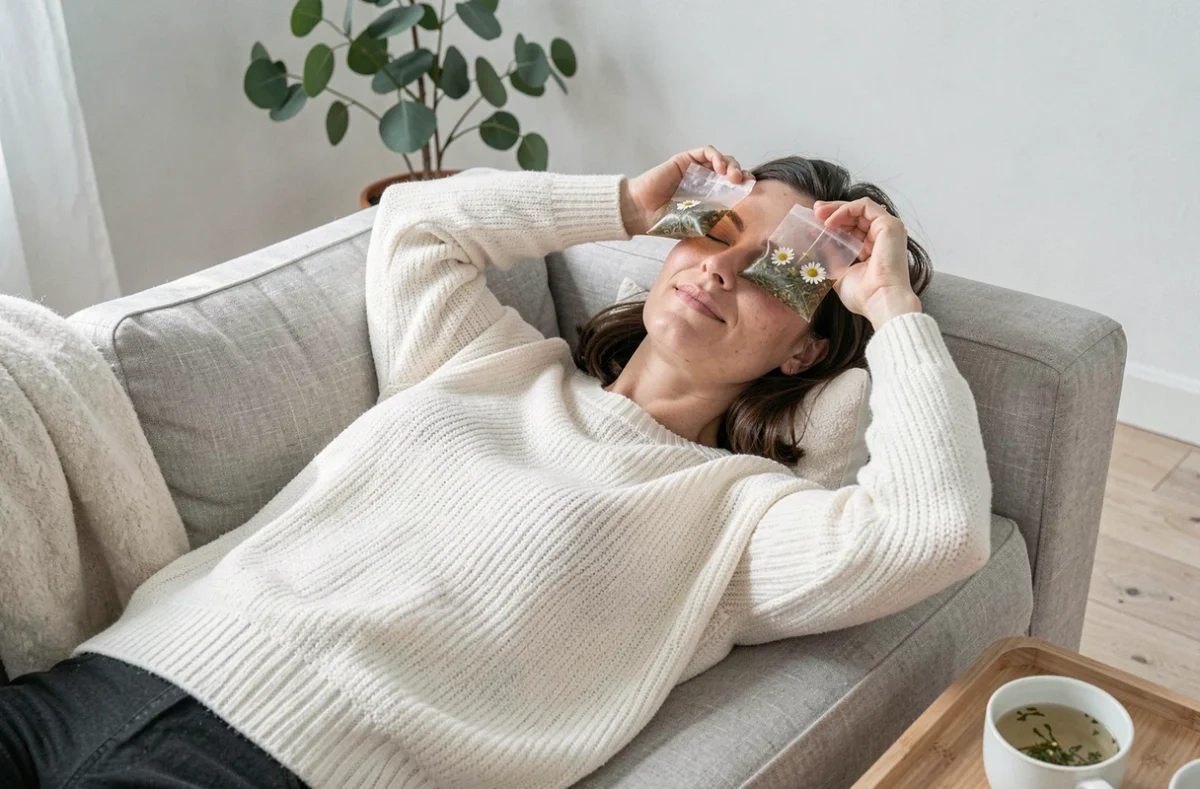 Femme allongée sur un canapé avec des sachets de tisane de camomille sur les yeux pour les reposer