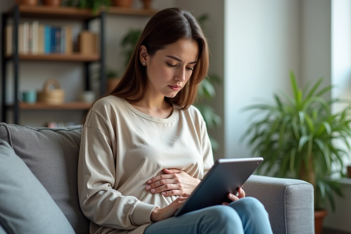 Jeune femme regardant un tablet de sant&eacute; sur un canap&eacute;
