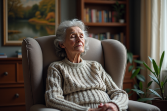 Femme senior assise dans un fauteuil avec livres en arrière-plan