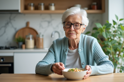Femme senior examine un bol de tofu et légumes dans la cuisine