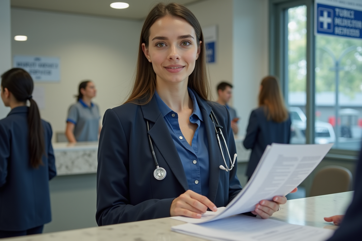 Jeune femme remettant dossier à un agent public