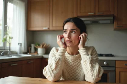 Femme tenant sa main contre son oreille gauche avec une expression préoccupée dans une cuisine moderne